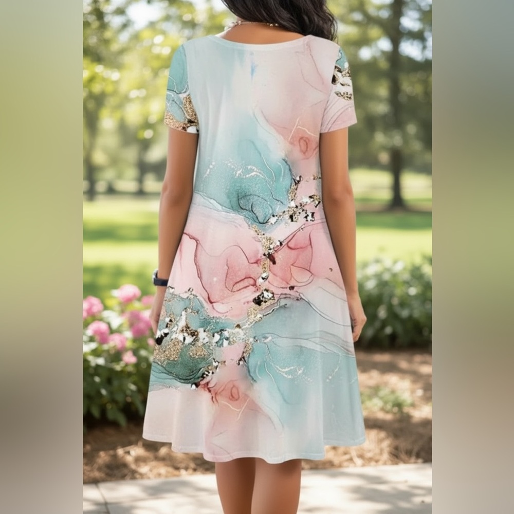 Summer Women Fashion Casual Graphic Printed Round Neck Short Sleeve Dress - Picture 2 of 4